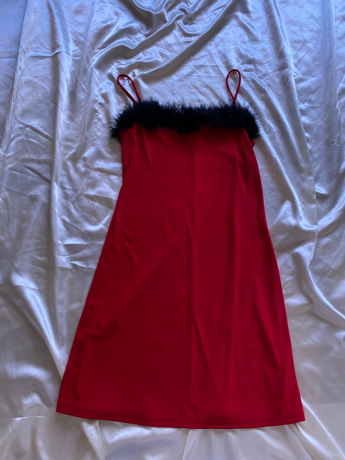 Vintage 1990s Red Mini Dress Black Feather Trim Party Grunge Small