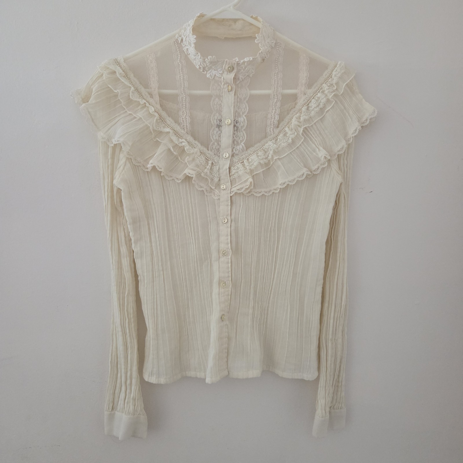 Gunnies Ivory Sheer Lace Blouse High Neck Ruffle Pearl Button Long Sleeve
