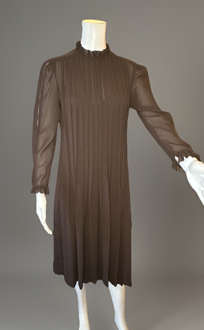1970S ALBERT NIPON SHEER BROWN PLEATED CREPE DRESS Original Slip Size 4