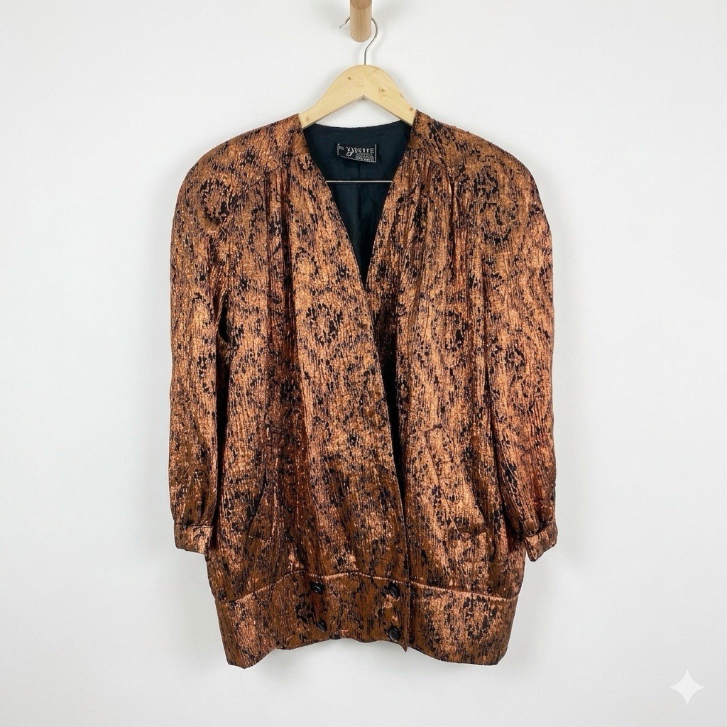 VTG 80s Yvette Creation Paris Metallic Bronze Lamé Oversized Jacket Blazer 42