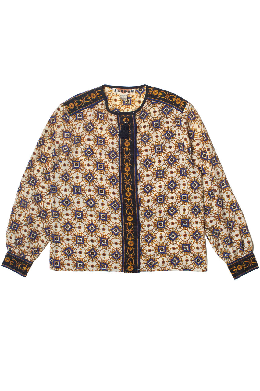 Vintage Jordan Petite Gold Patterned Button Up Top Large Boho