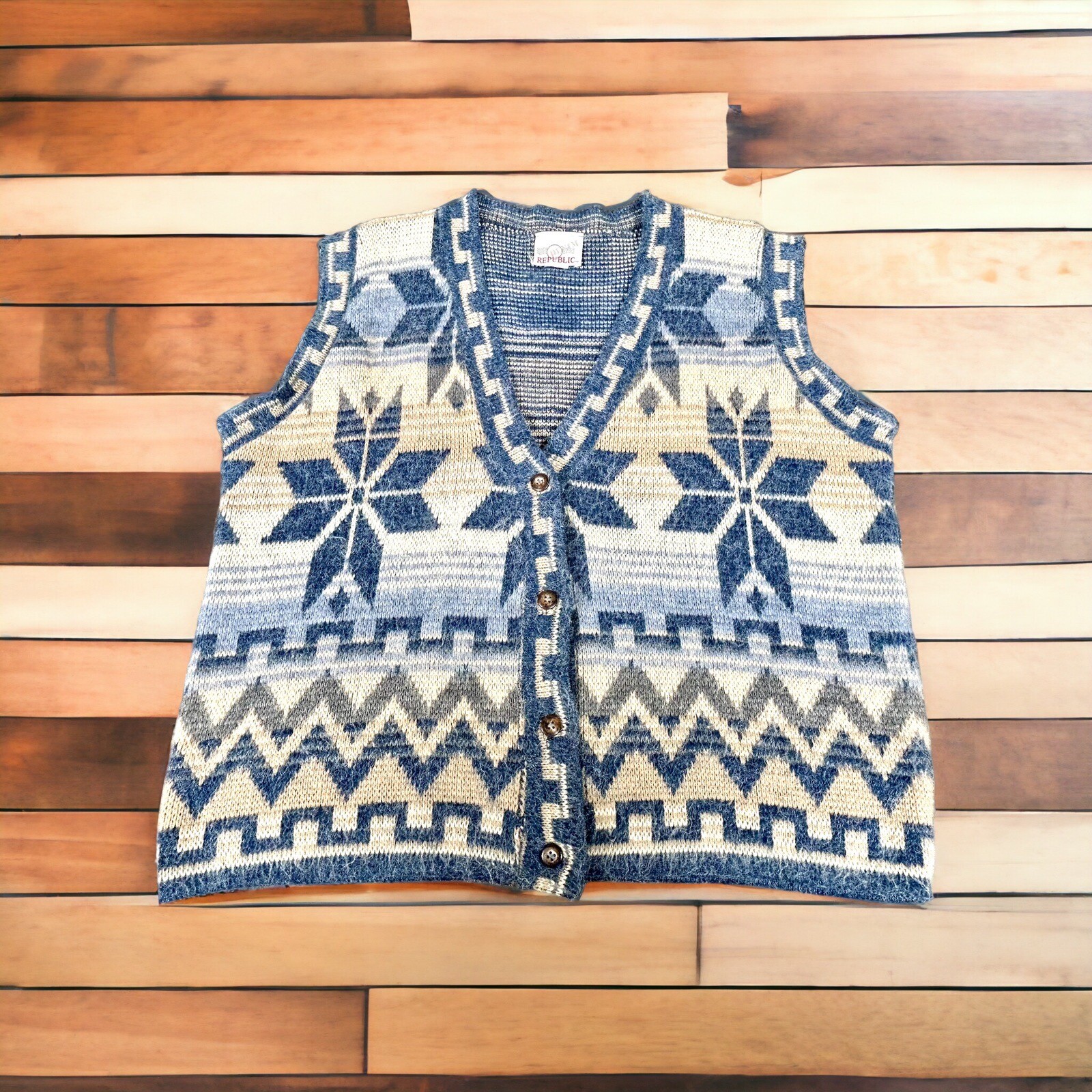 Vintage Denim Republic Vest Acrylic Geometric Design Size Large L made In USA