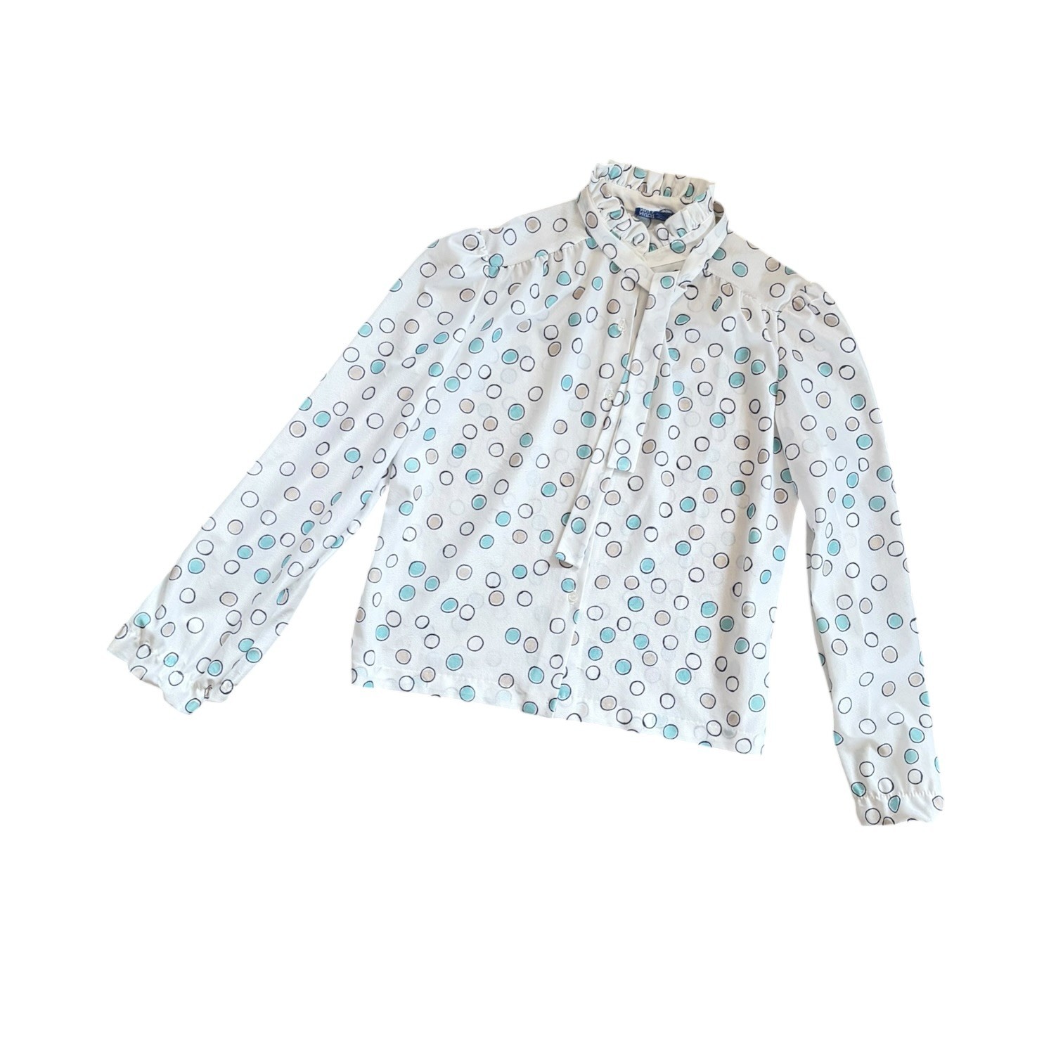 Vintage 80s Cape Cod Abstract Polka Dot Tie Neck Pussy Bow Secretary Blouse M/L