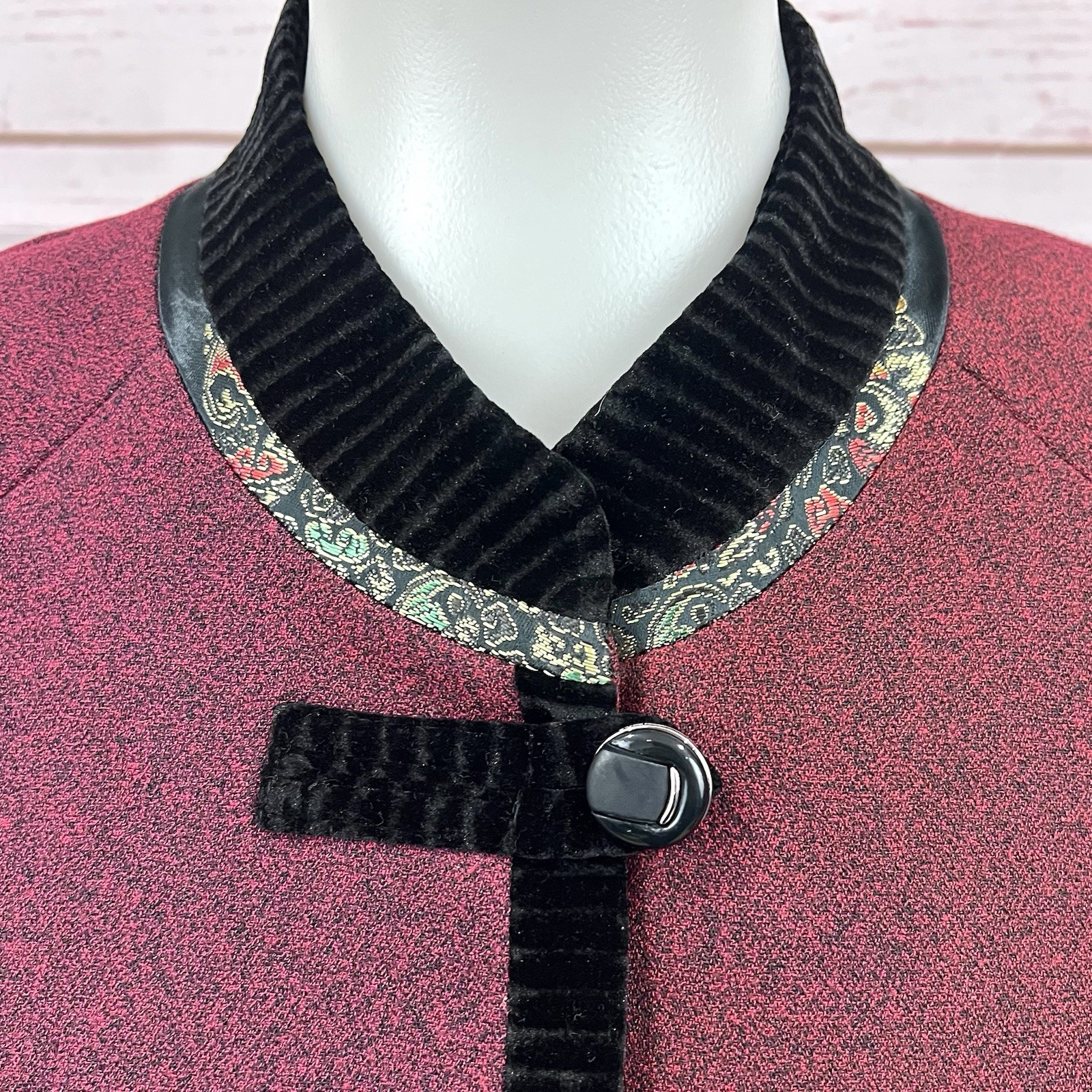 Vintage Asian Mandarin Collar Satin Brocade Velvet Kimono Blazer Cape Jacket