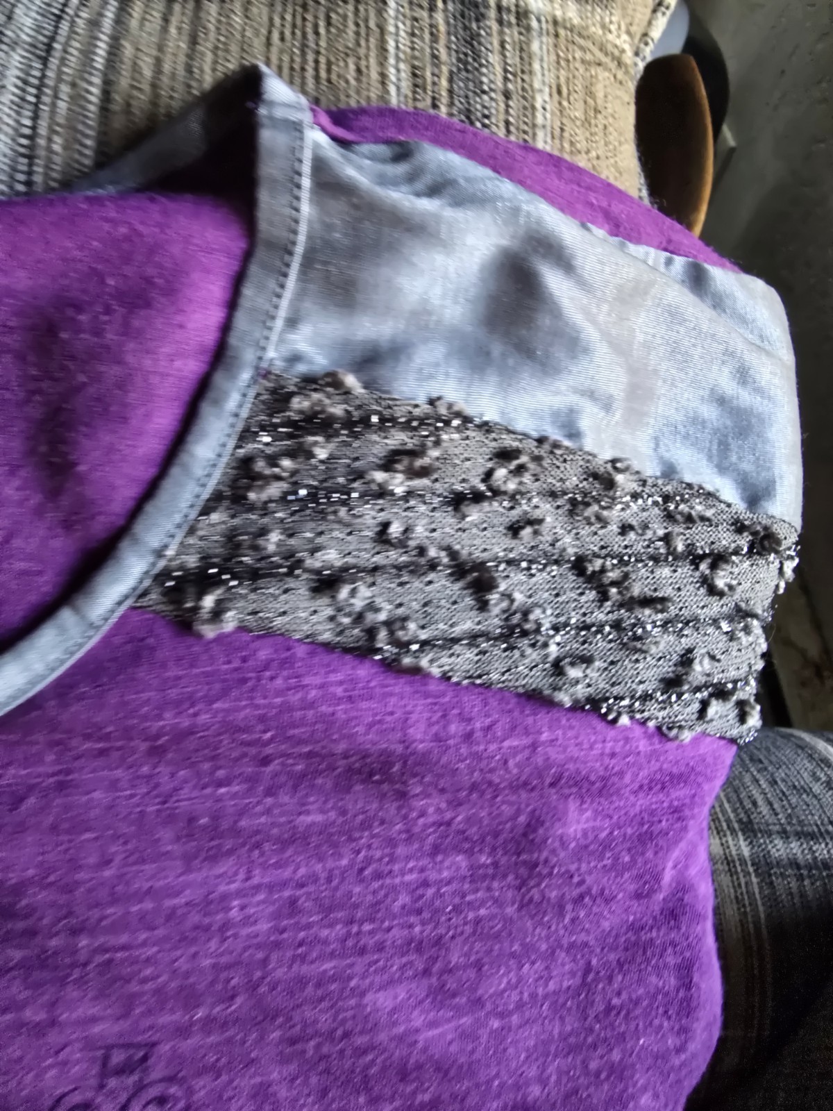 XL Adiktd Y2K Silver Studded Purple Top With Satin, Lacy, Silver Style Sleeves