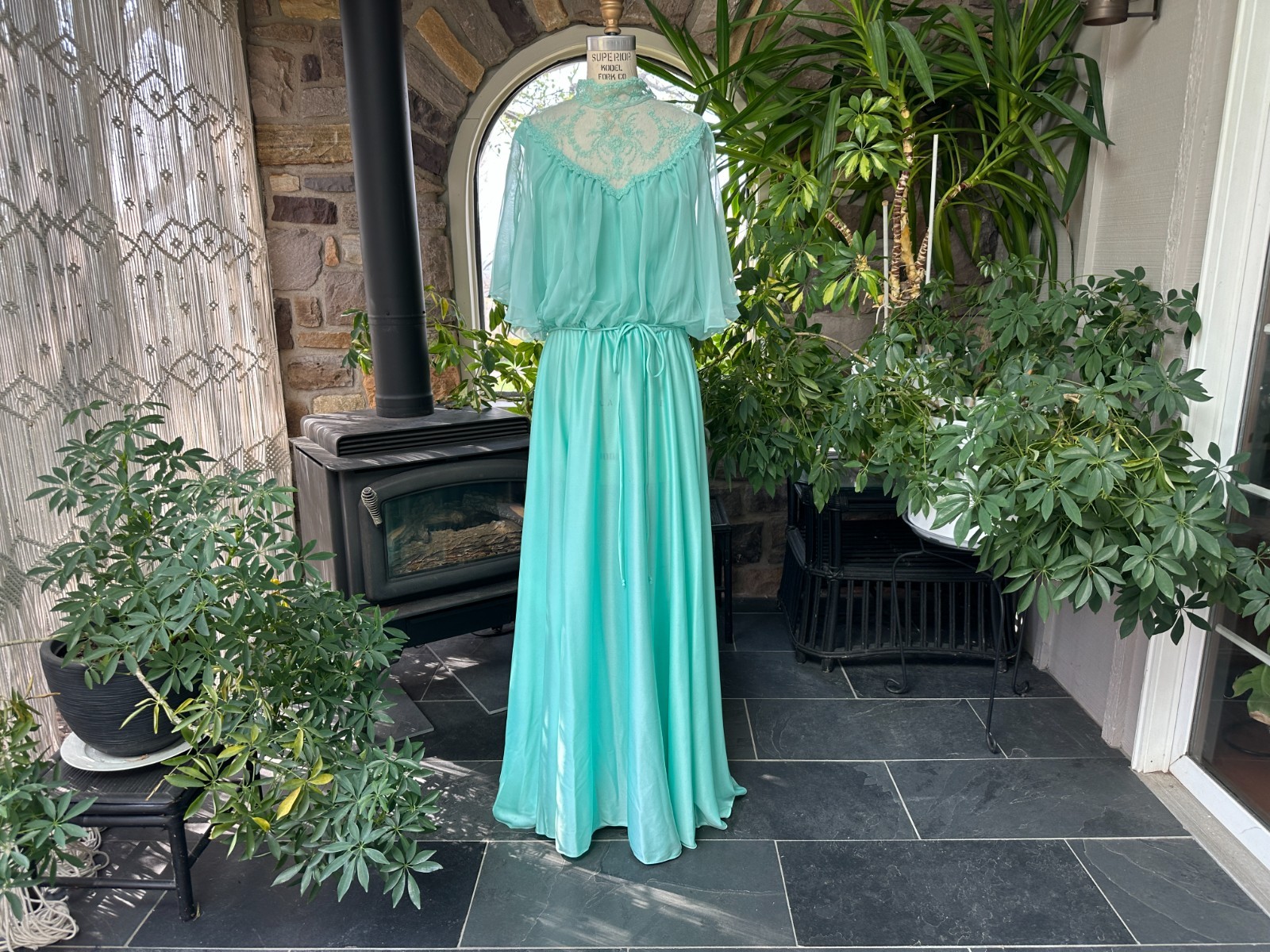 Vintage 1970s Light Green Knit and Chiffon Lace Maxi Dress
