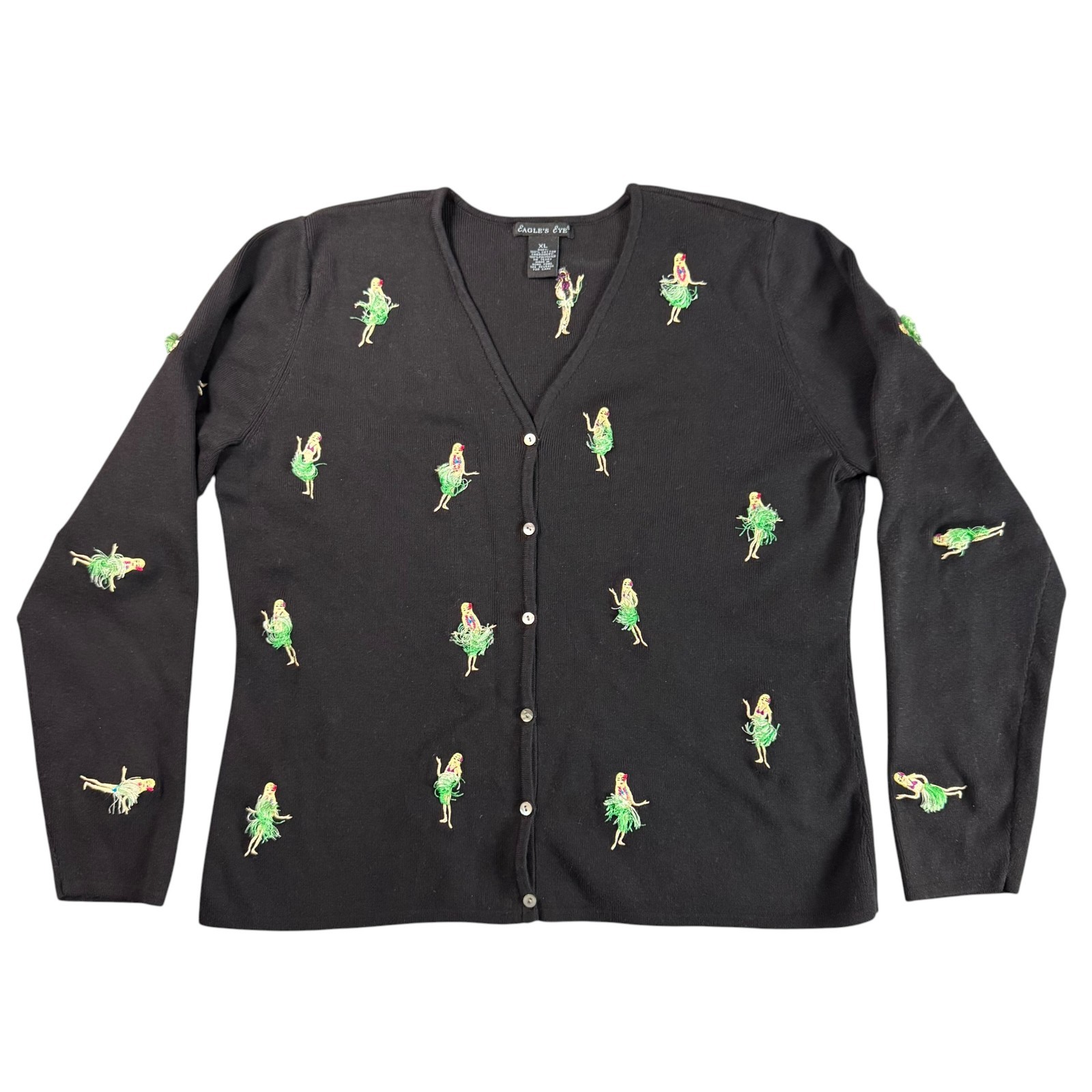 Vintage 90s Eagles Eye Hula Girl Cardigan Sweater XL Black Hawaiian 3D Teacher