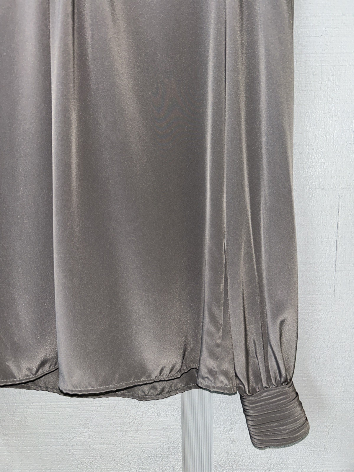 Anne Kriste Vintage High Neck Puff Sleeve Blouse Gray Satin Modest Dark Academia