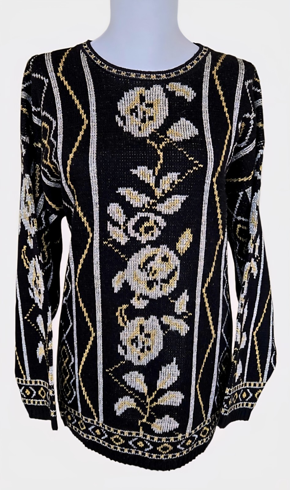1980s DANA SCOTT Black Gold And Silver Acrylic Lurex Knit Sweater Size Large