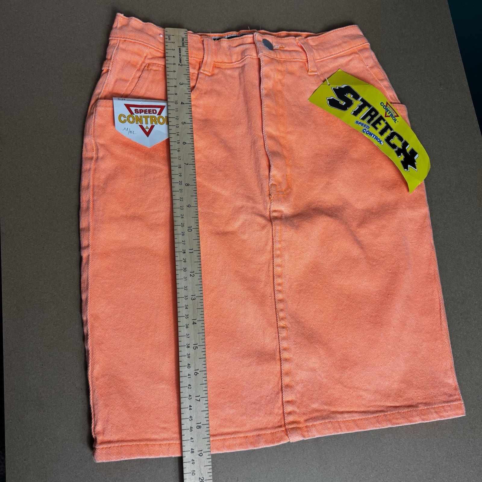NWT Vintage 80s 90s Speed Neon Washed Orange Denim Mom Skirt High Waisted