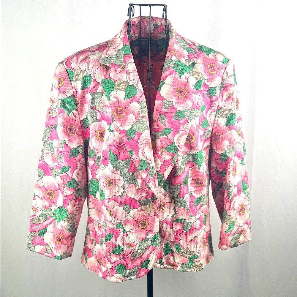 Vintage Josephine Chaus Floral Pink Blazer Woman’s Size 14 Cotton Spandex Blend