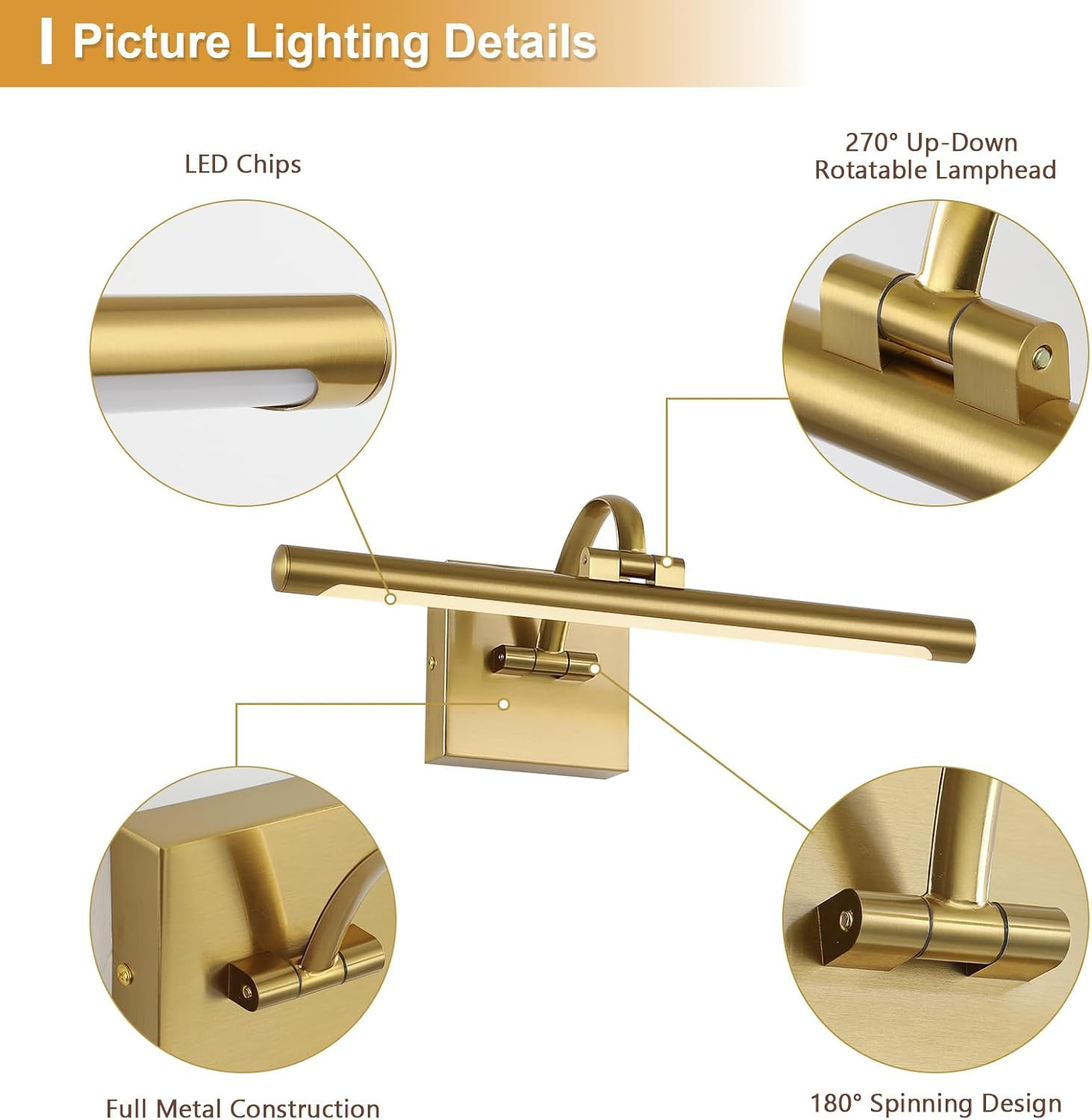Brass Picture Lights for Wall Hard-Wired LED Picture Lighting Dimmable Art Light