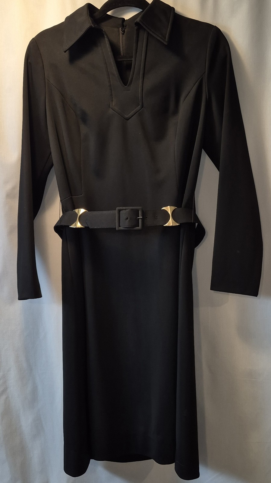Vintage 1970s 1980s Henry Lee Black Midi Dress Sz 14 Long Sleeve Belted