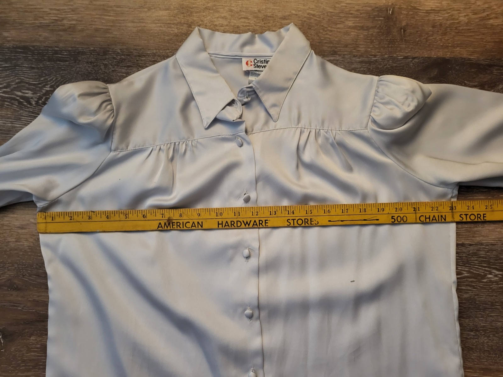 Vtg Cristin Stevens Blouse Gray Silky Long Sleeves Button Up 46″ Bust
