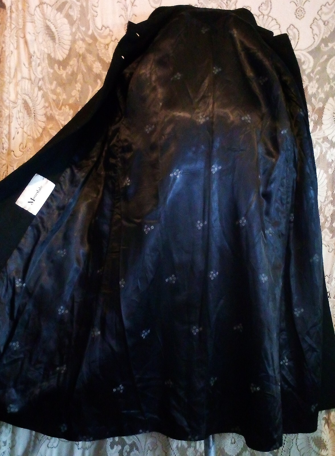 VTG 50s Moordale Fancy Mohair Wool Charcoal Black Coat w Floral Satiny Lining S