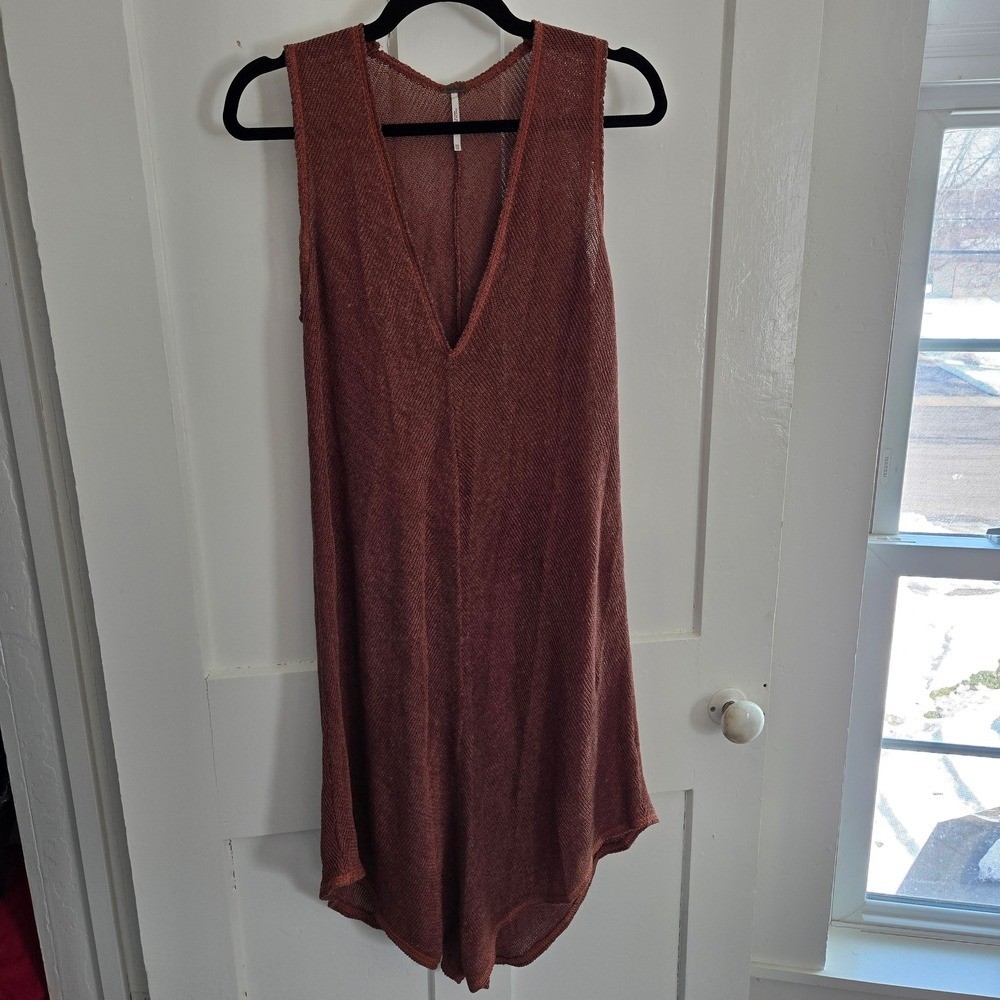 Free People Beach Stretch Knit V-Neck Midi Dress Swim Coverup Rust Color Size XS