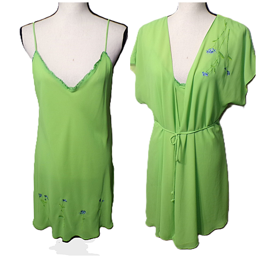 Vtg Slip Dress XL 2 pc Peignoir Chartreuse Purple Floral Embroidered Fairy Y2k