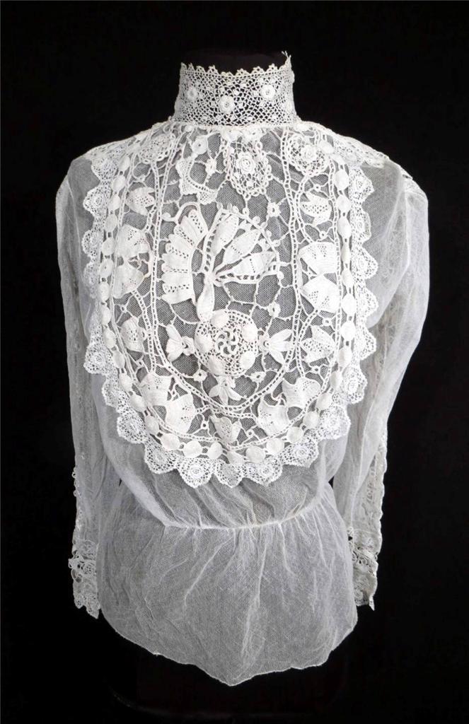 RARE ANTIQUE FRENCH VICTORIAN WHITE COTTON NET AND LACE BLOUSE SIZE 36-38