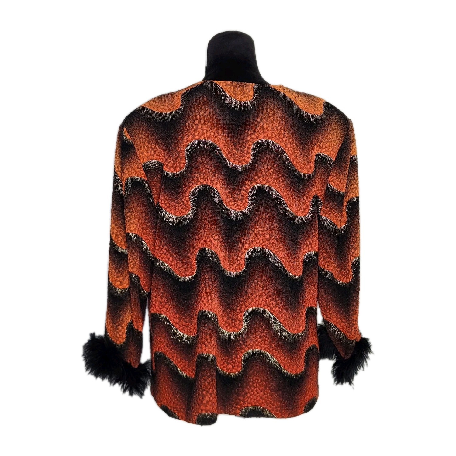Joseph Ribkoff Vtg Cardigan Jacket Orange Black Wave Print Feather Cuff Retro