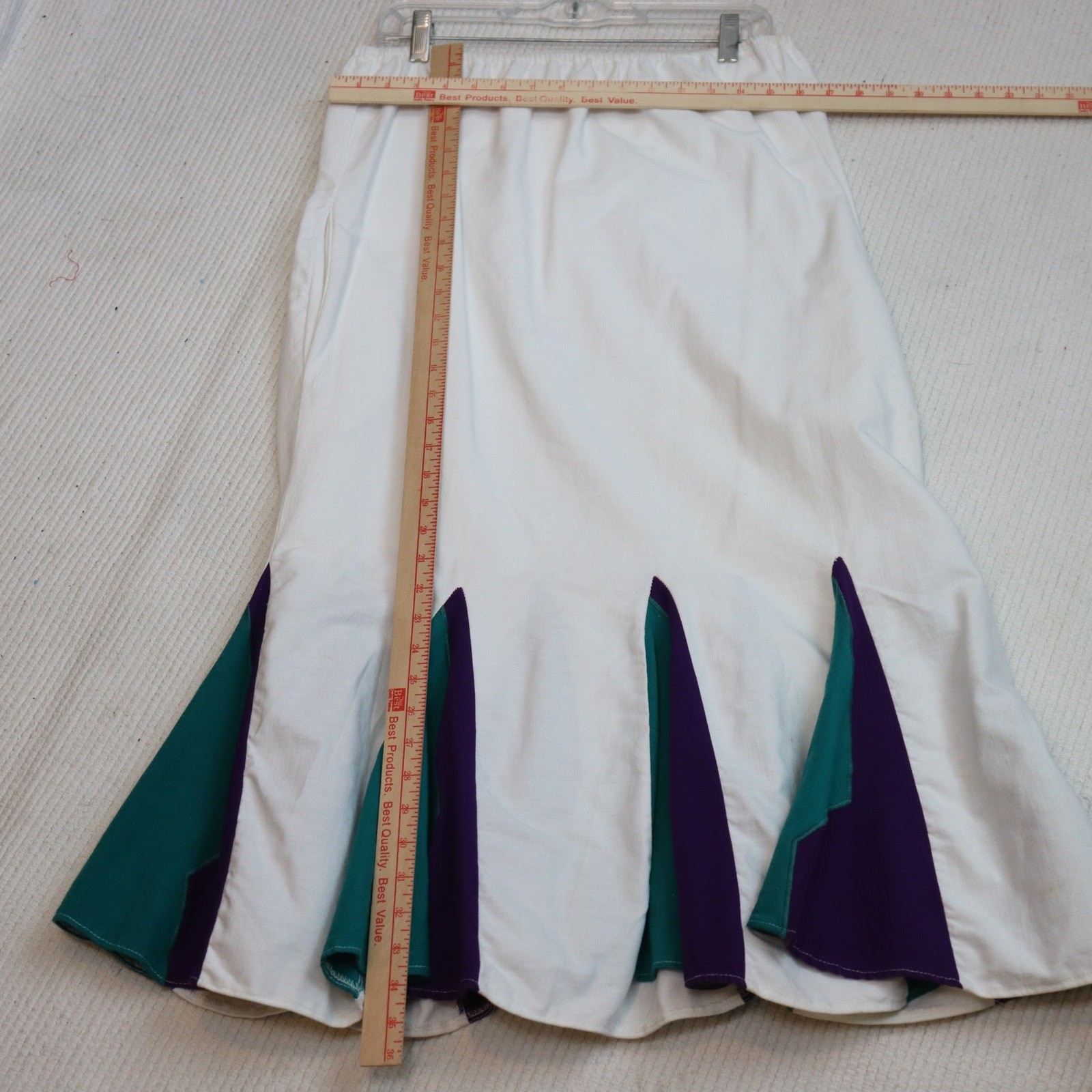 Tipicano White Cotton Skirt L Flared Panels Green Purple Festival Mardi Gras