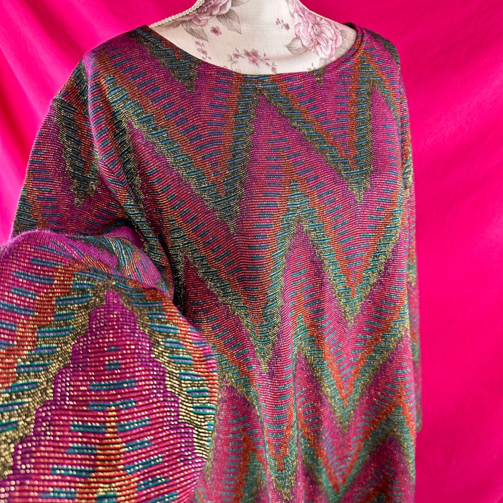 Metallic Vintage 80s 90s Chevron Knit Tunic Top Pink Sparkle 3X Holiday Glam