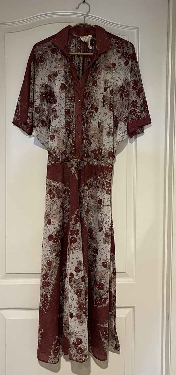 Vintage Dress 70s/80s L.T.D. by Roberta Sheer Floral Maxi Dress Burgundy Boho