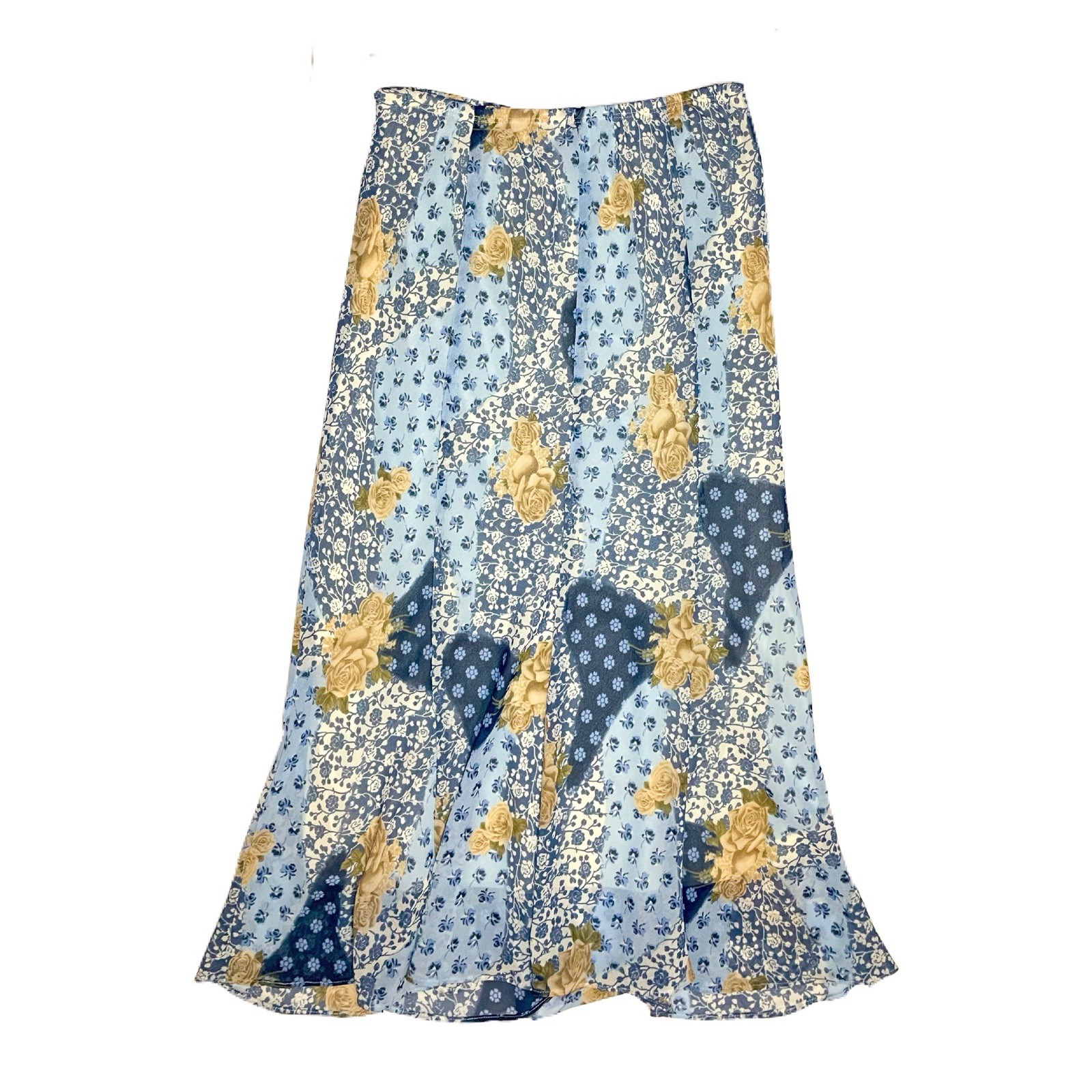 Y2K Blue And Cream Floral Patchwork Print Midi Skirt Size L