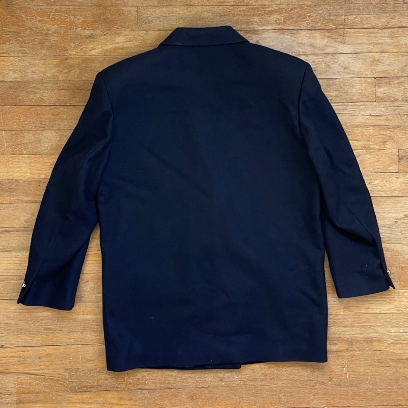 Vintage Navy Blue Felted Wool Blazer Womens Size Large 90s Double Breasted Coat