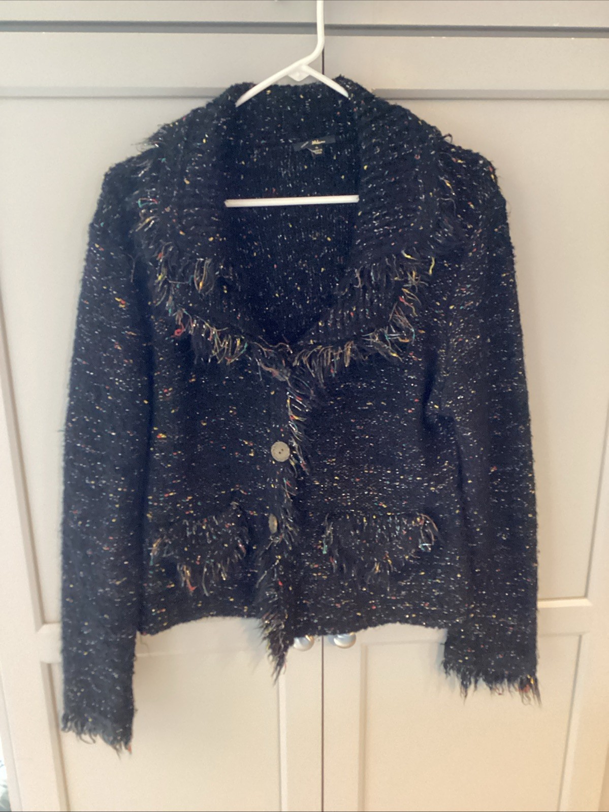 Milano Acrylic Fringe Trim Button Speckled Metallic Cardigan Size XL Black