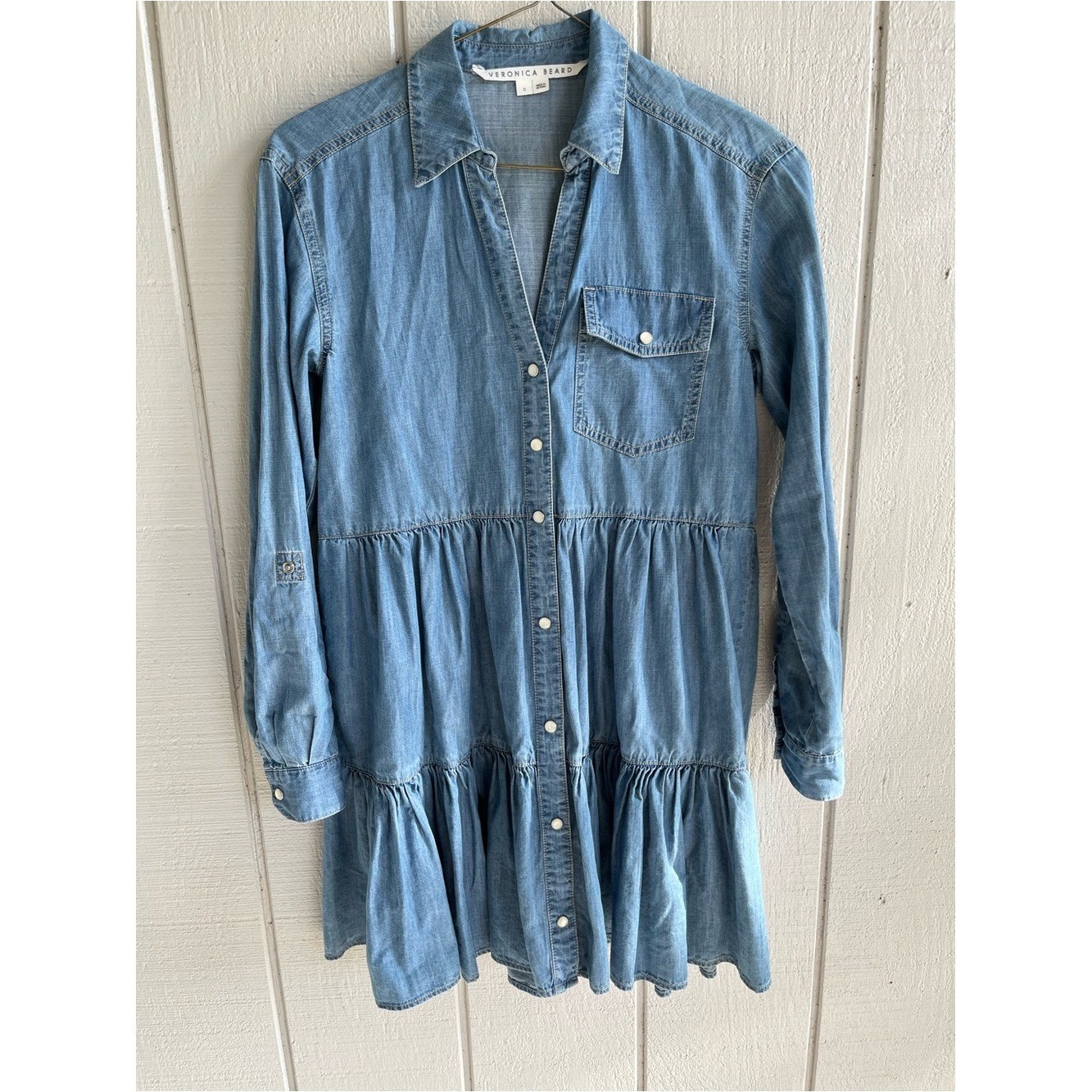 Veronica Beard Chambray Long Sleeve Ruffle Mini Dress Atari Size 0