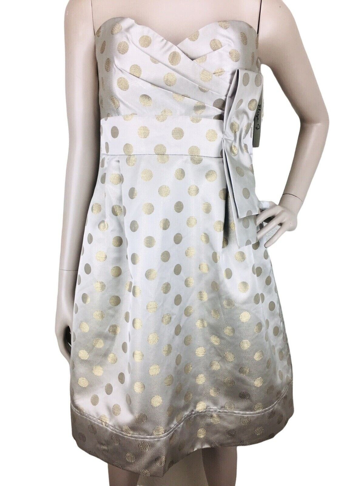 Vintage Y2K Eliza J Polka Dot Metallic Gold Strapless Bow Party Dress Size 4 NEW