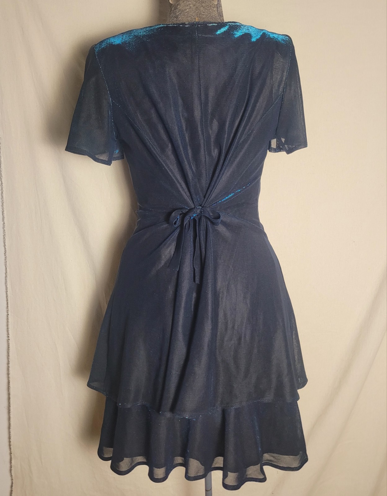 Vintage 70s 80s Blue Shiny Mini Dress Black Layered Party M/L Molly Malloy