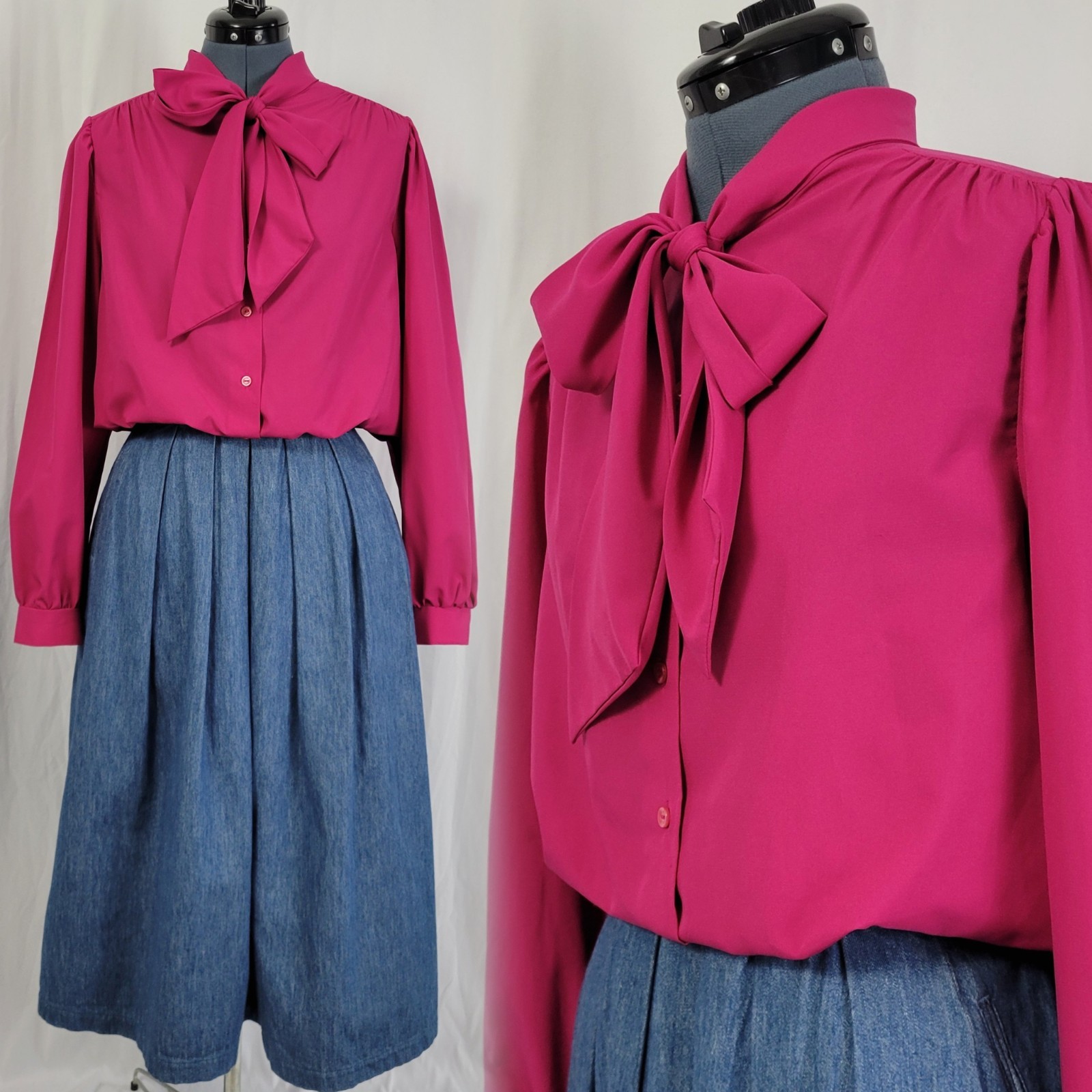 Vintage Judy Bond Magenta Button Down Blouse w Tie Collar Size 18