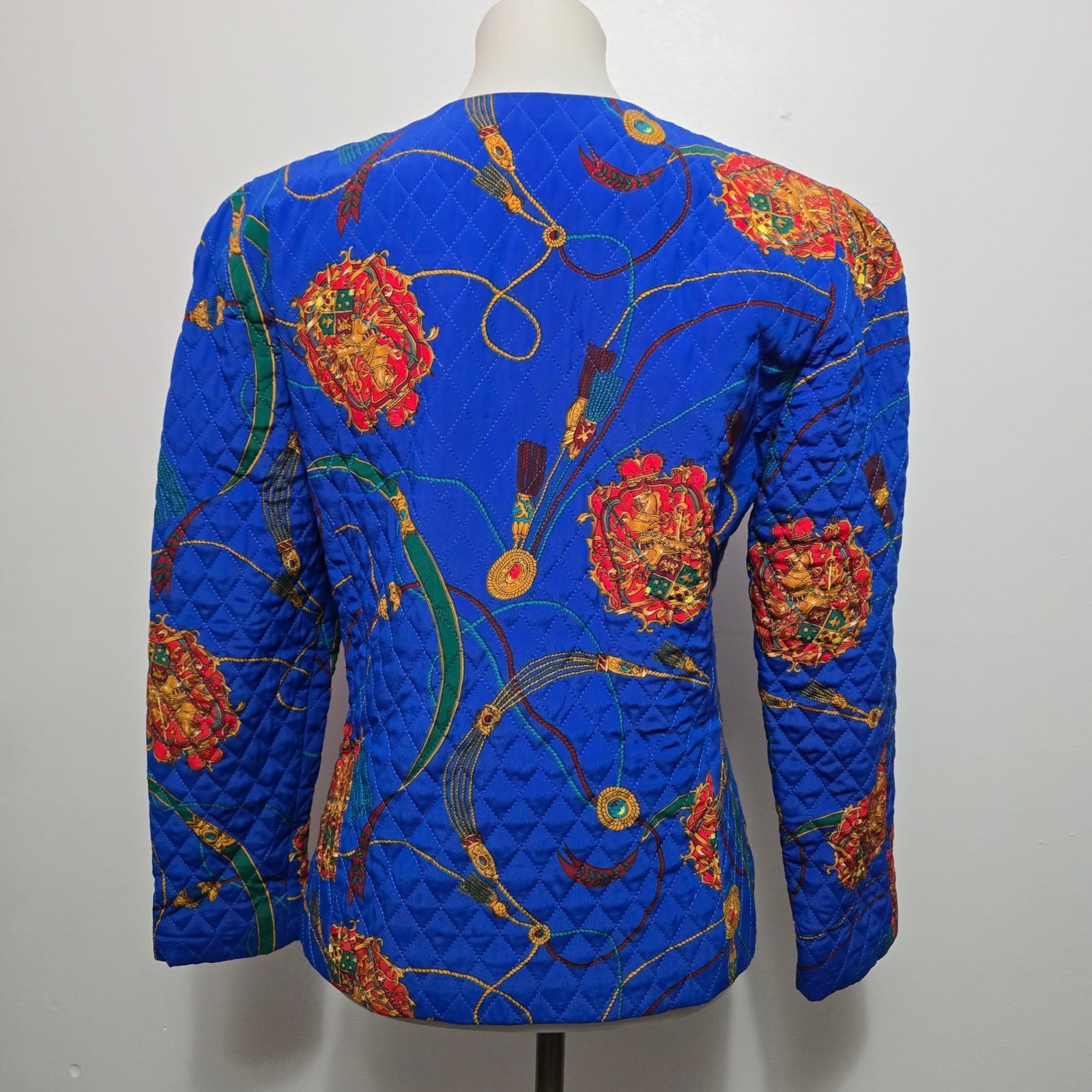 Tanner Vintage Quilted Jacket Royal Blue Equestrian Crest Print Size 6 Made