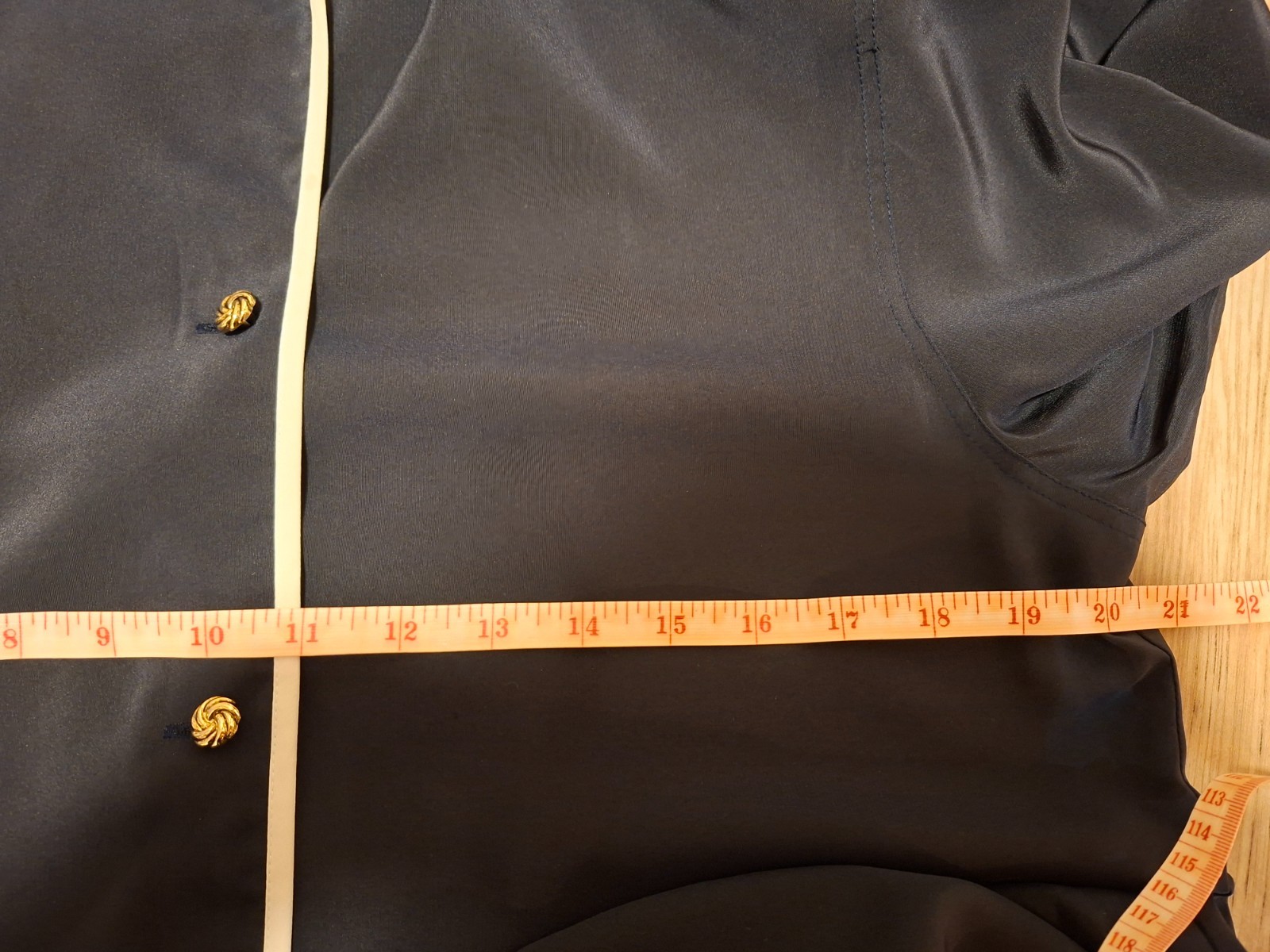 Vintage 80s Navy Blue Button Up Blouse With Gold Buttons And Cream Piping