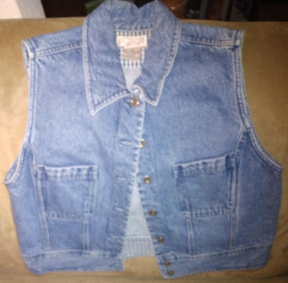 VINTAGE CAMBRIDGE DRY GOODS CDG DENIM JACKET VEST BLUE CHECK TRIM SZ S WOMEN