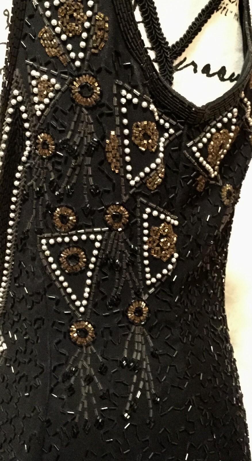 Vintage A.J. Black Formal Dress Gold and Silver Beaded Size 8 100% Wool