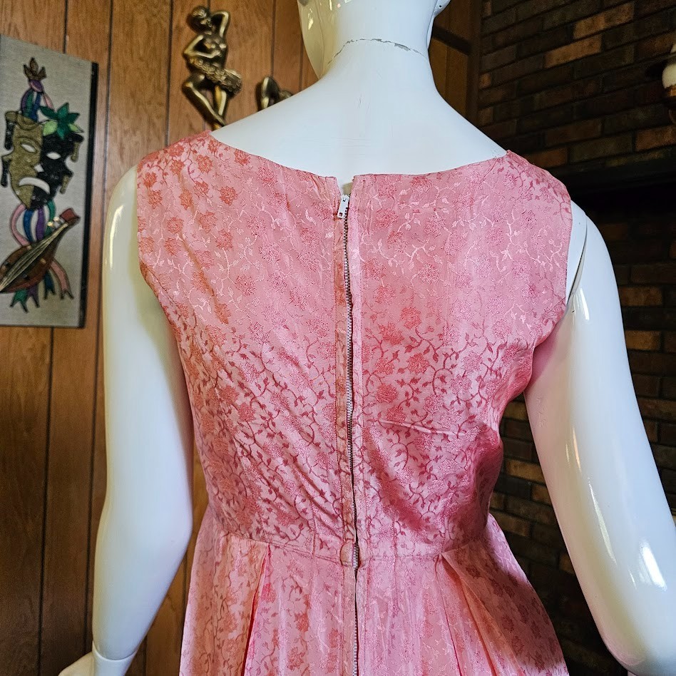 Vtg 60s Pink Brocade Empire Sleeveless Bridesmaid Formal Party Maxi Dress XS/S