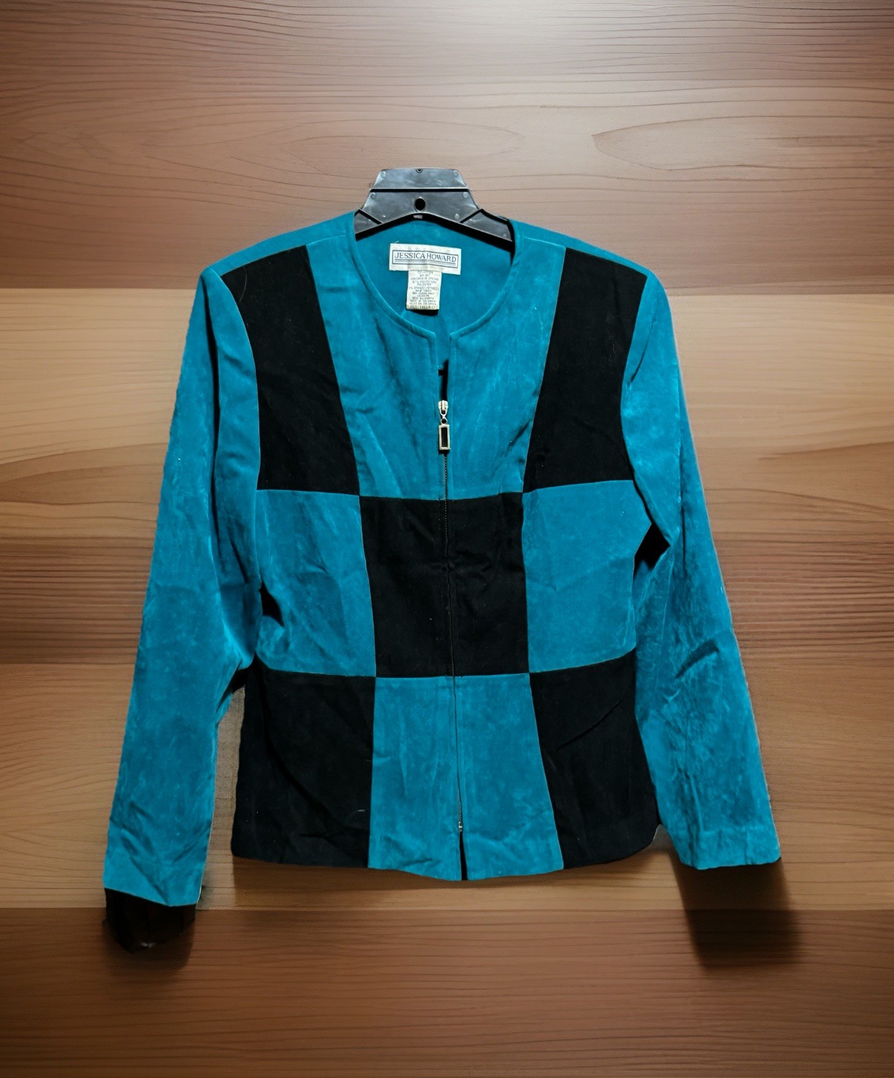Jessica Howard Teal Black Block Pattern Zip Jacket Women’s Size 12 Vintage 90s
