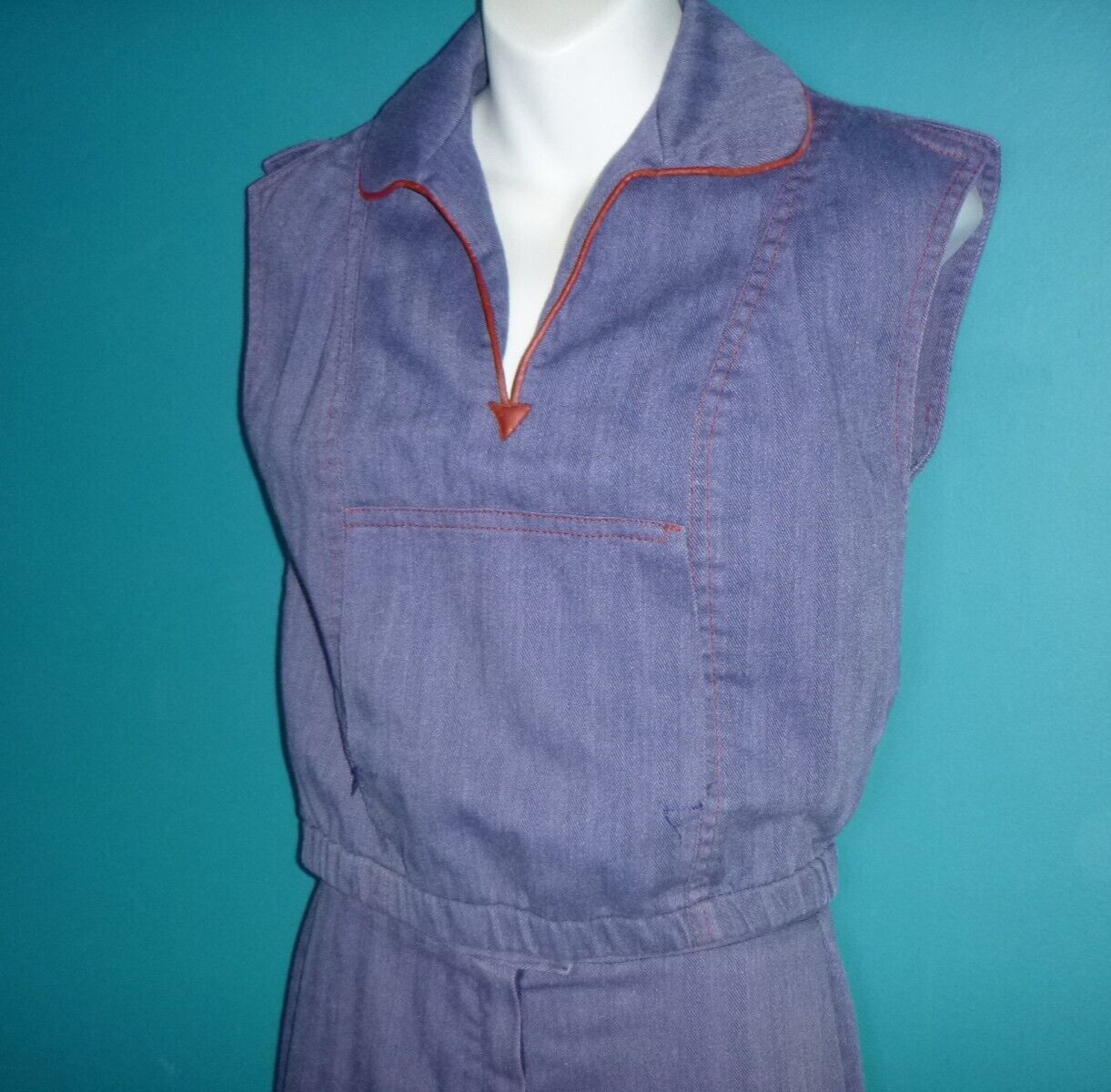 Vtg 70s Groovy The Suit Brand Blue Twill Top & Wide Leg Pants Pleather Trim Sz S