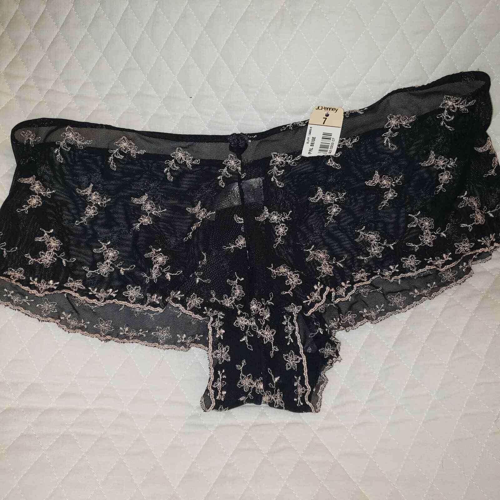 Vintage Delicates Panties Sheer Lace Black Floral Embroidery Sz 7 L JC Penny