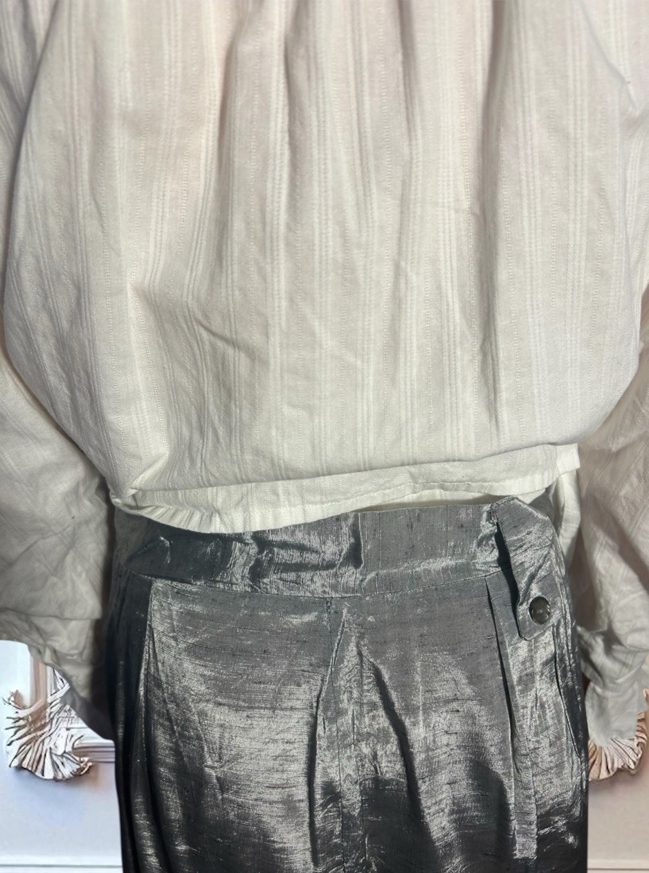 Vtg 80s Skirt Silk Blend Midi High Waist Pleats GLAM Silver Metallic Slub 27W S
