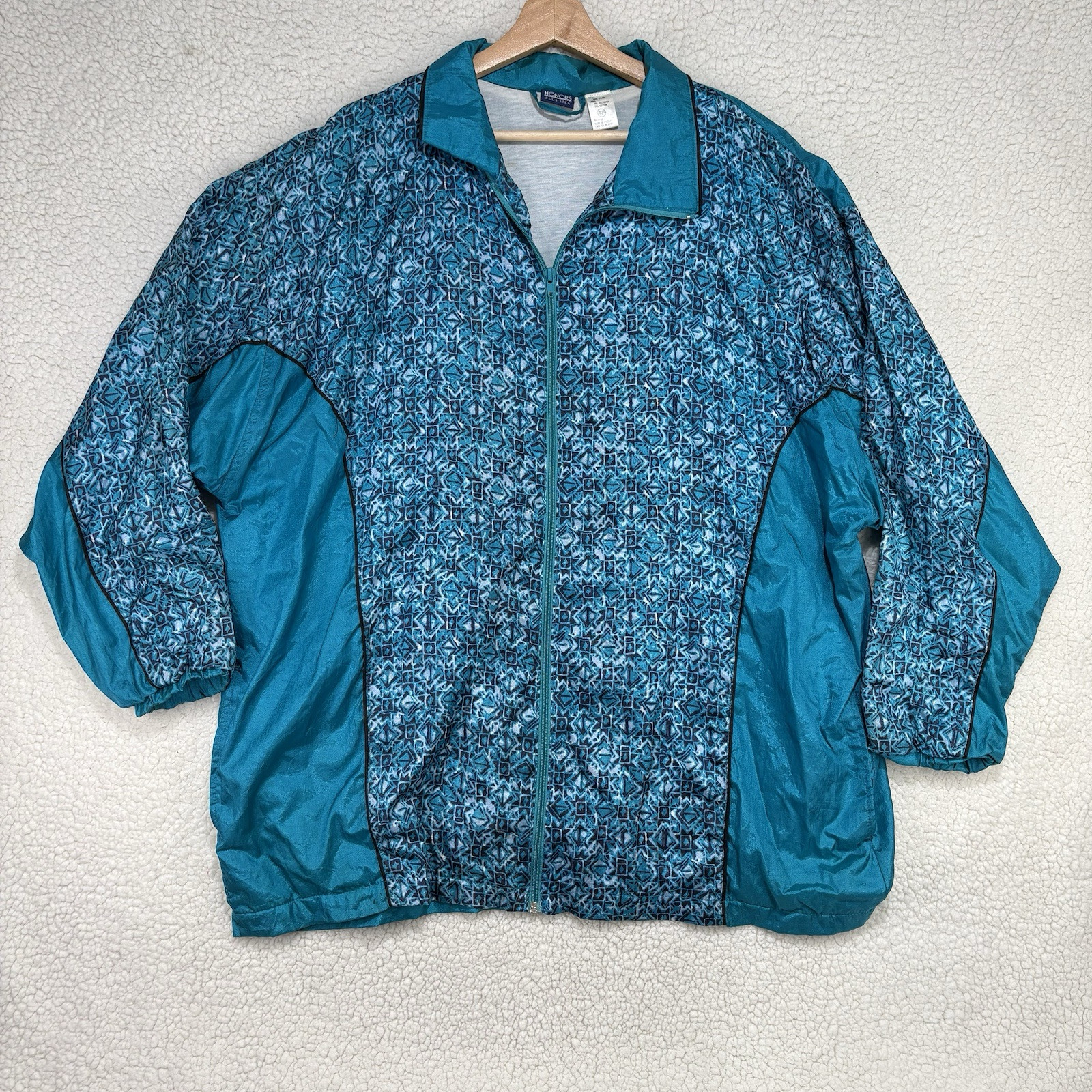 Vtg Honors Plus Size 1x 18/20 Nylon Windbreaker Track Jacket 80s Bold Teal Print