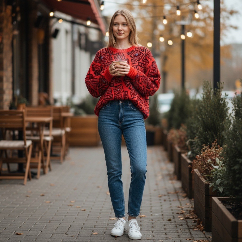 Vintage 90s Statement Sweater M Red Black Geometric Knit Grandpa Sweater Retro