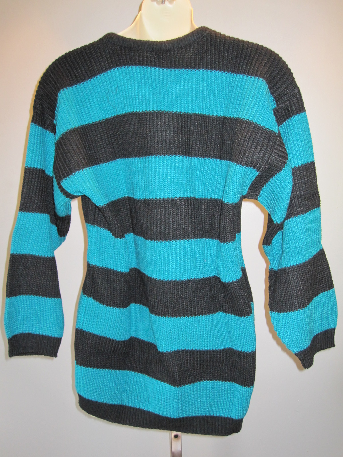 NOS RETRO 80S SWEATER TUNiC TOP 2 TONE EMERALD GREEN BLACK STRiPED VEGAN DiSCO M