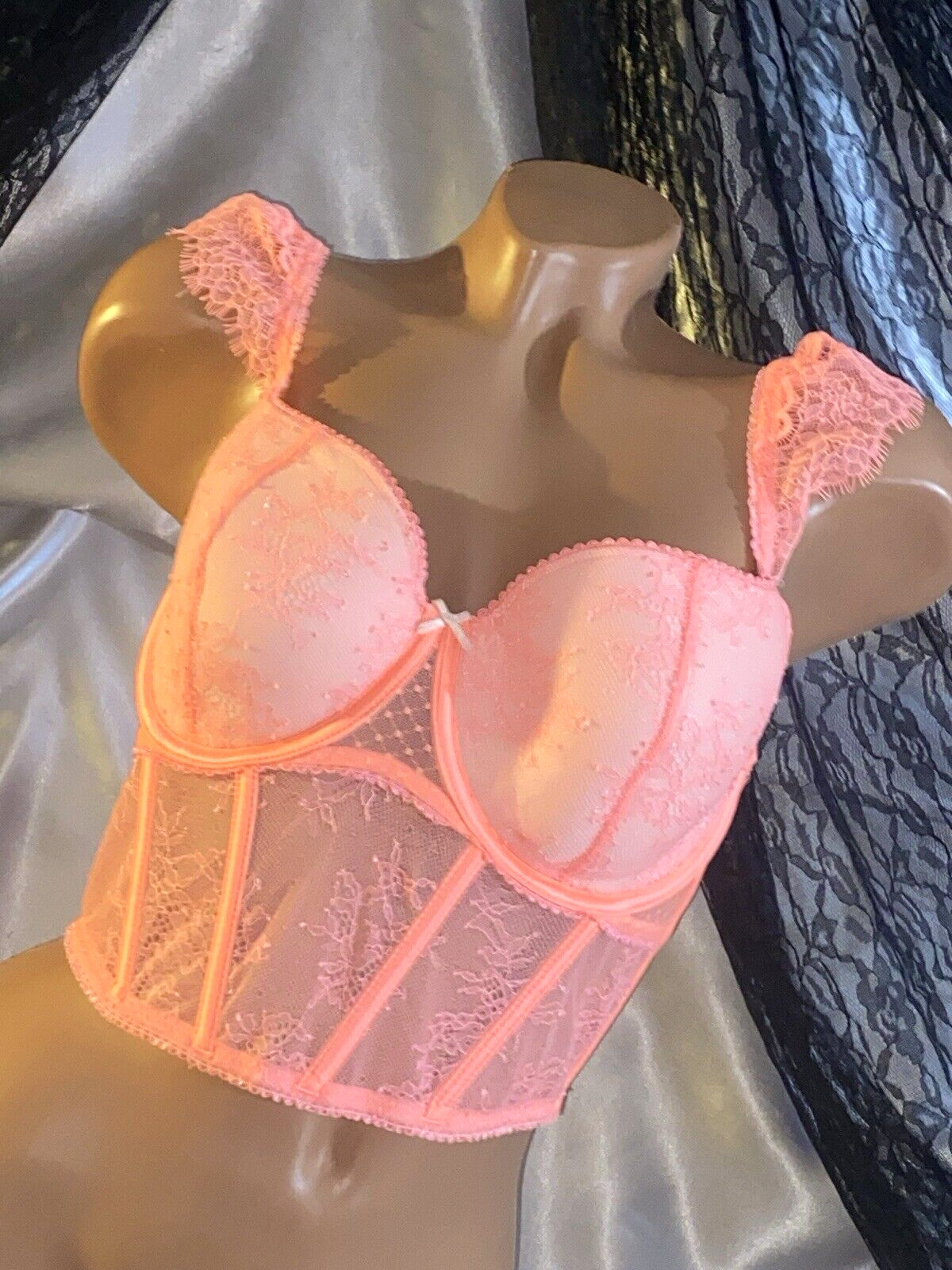 VTG DD S/M 36/38 VS Neon Orange Frilly Corset FRILLY Bra CORSET BUSTIER TOP