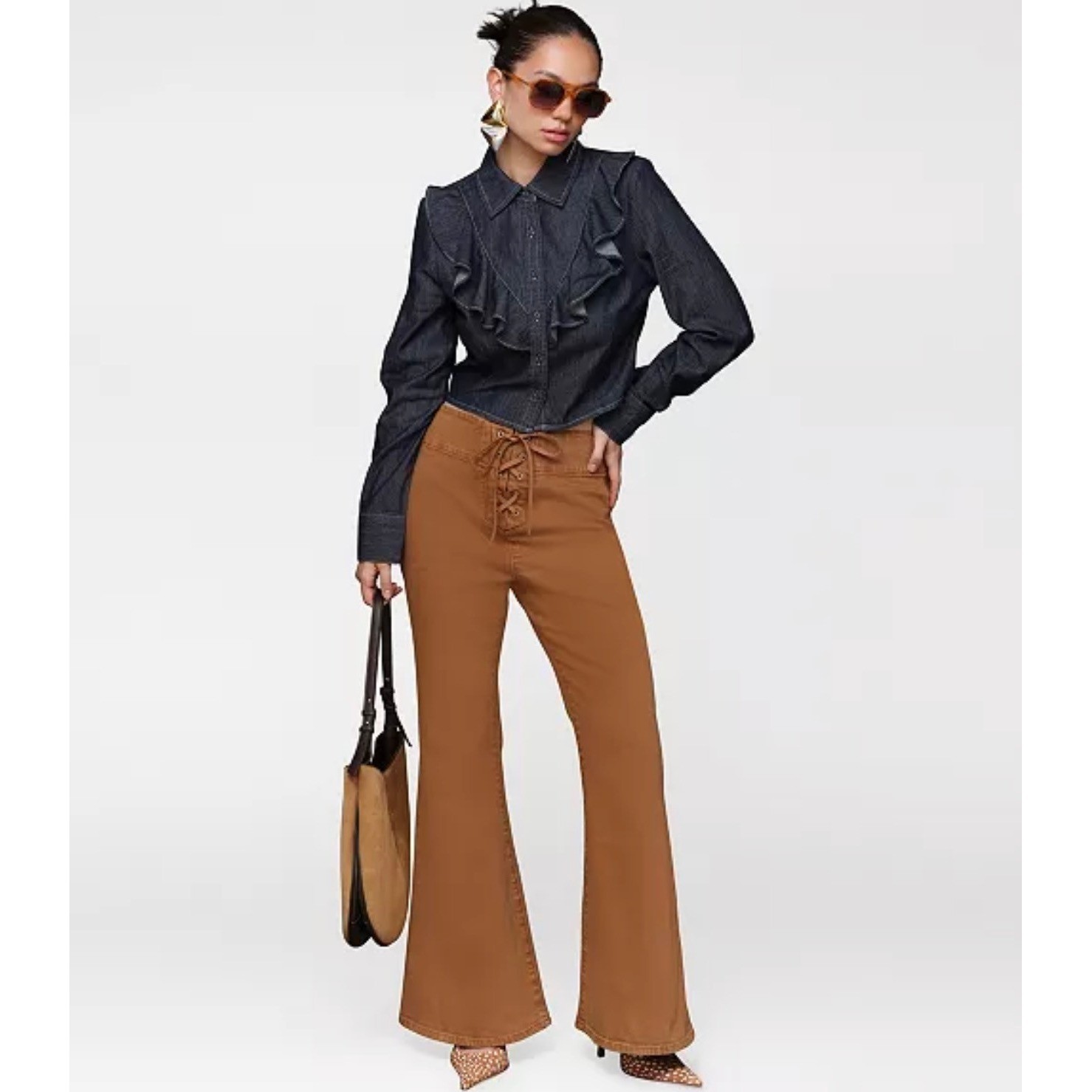 Avec Les Filles Santa Fe Umber Lace Up High Rise Flare Jeans 27 Brown NWT Retro