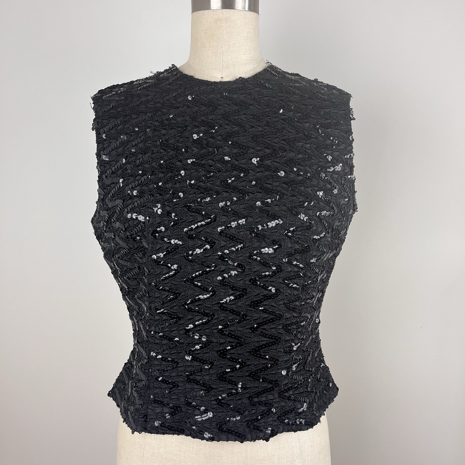 Vintage 60s Worths Black Sequined Sleeveless Top Chevron Zig Zag Design XS/S