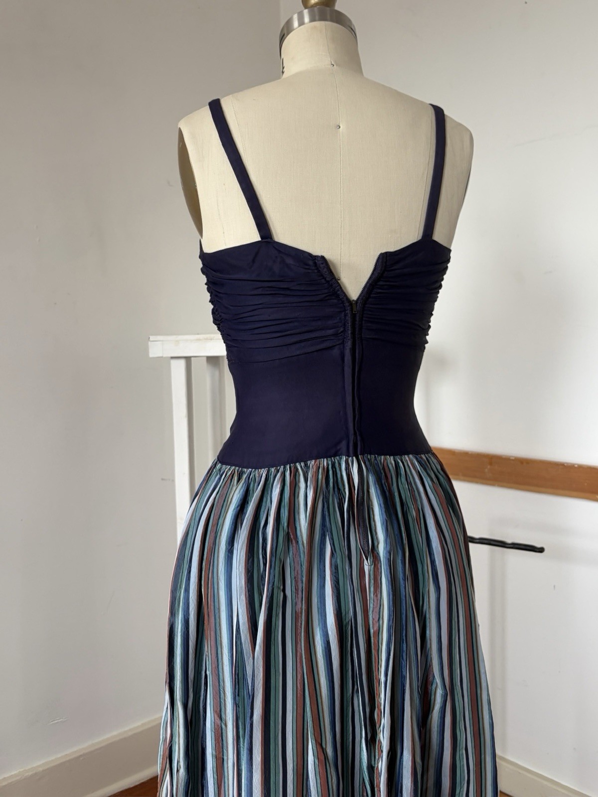 Vintage 40s Rayon Maxi Dress Ruched Bodice Colorful Striped Full Sweep Skirt XXS