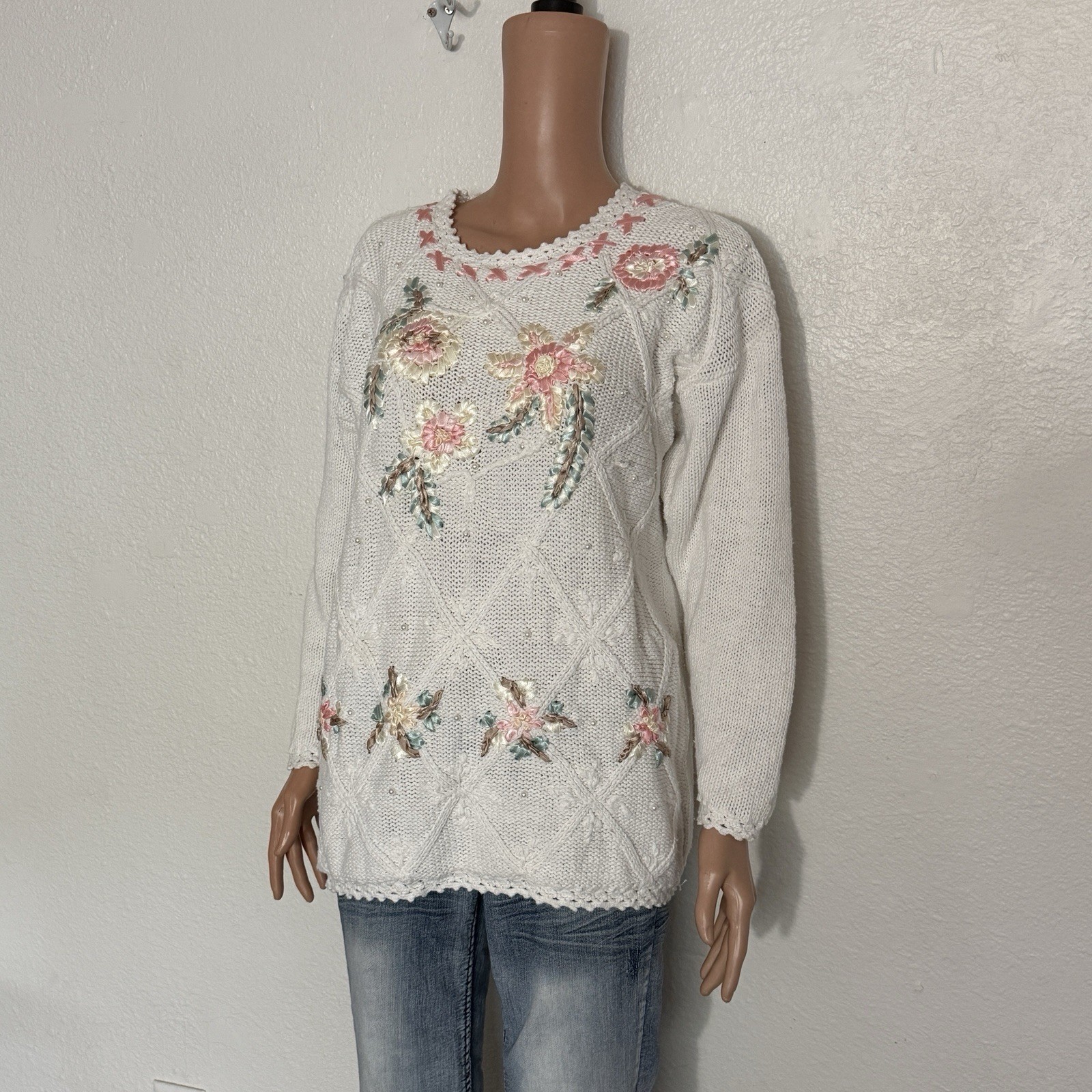 Vtg 80s 90s Cream Knit Floral Ribbon Embroidery Sweater Sz L Coquette Cottagecor